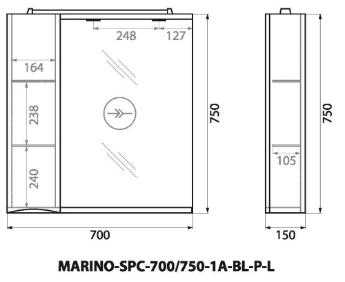 Шкаф зеркальный подвесной с одной распашной дверцей с доводчиками, с подсветкой, левосторонний MARINO-SPC-700/750-1A-BL-P-L Bianco Lucido BELBAGNO