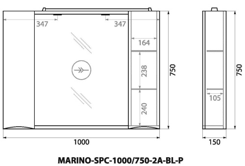Шкаф зеркальный подвесной с двумя распашными дверцами с доводчиками, с подсветкой MARINO-SPC-1000/750-2A-BL-P Bianco Lucido BELBAGNO